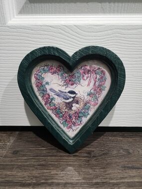 VTG Heart Shaped Framed Picture Barbara Mock Birds Flowers Nest Home Interiors